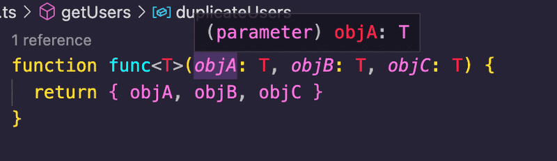 Highlighting the objA parameter which shows the type definition in the editor