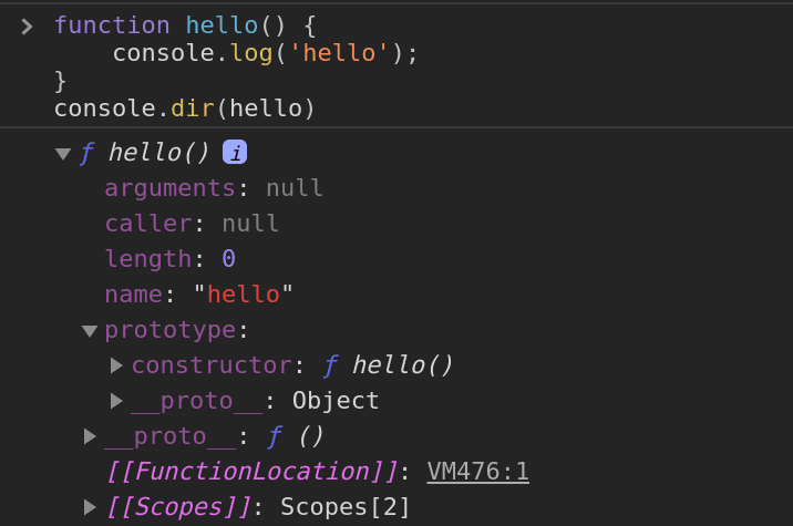 Result of function hello properties