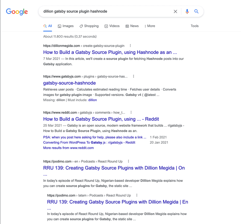 Google search results page for "dillion gatsby source plugin hashnode"