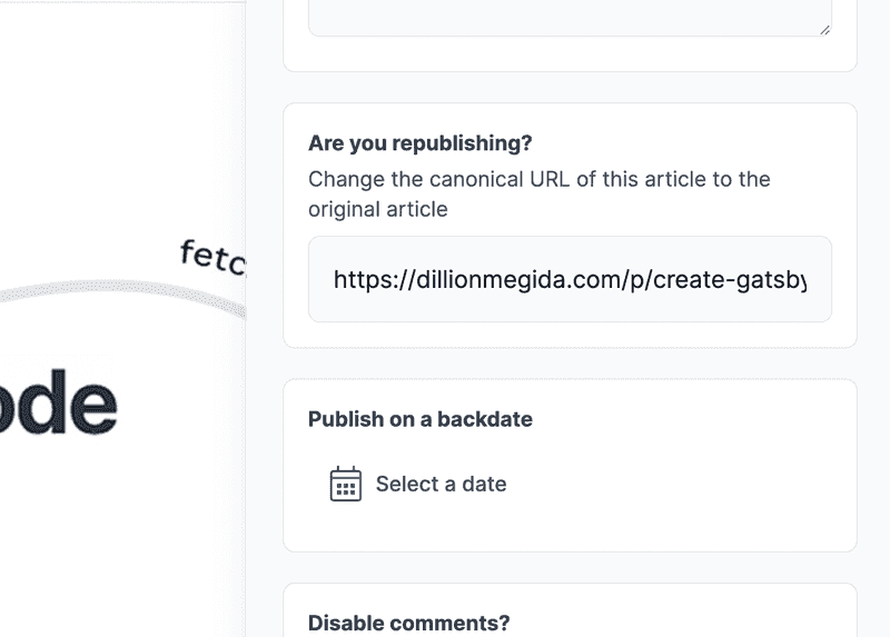 Hashnode dashboard for adding a canonical link to my carticle